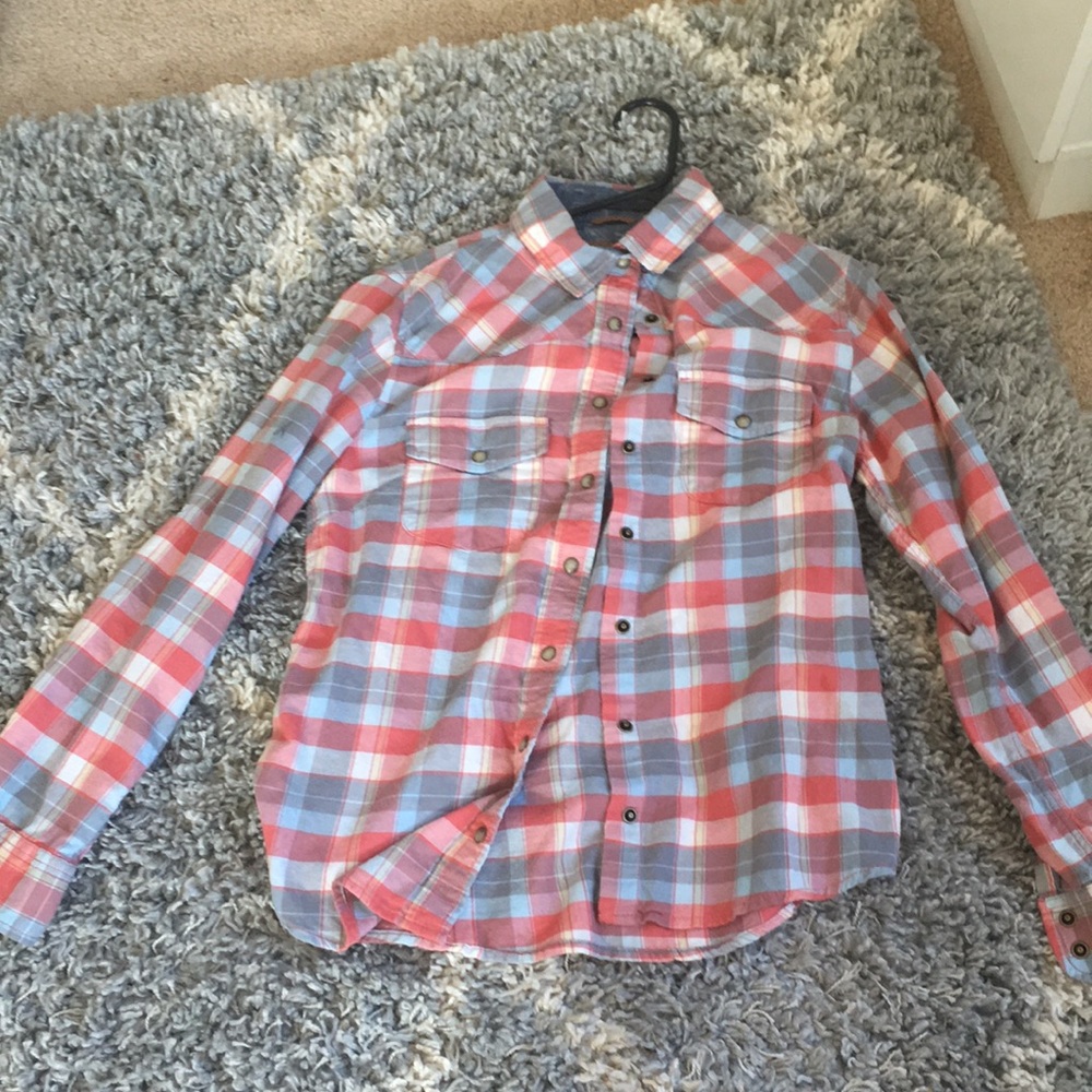 Red/Blue/Grey Plaid Flannel Button-Up Shirt